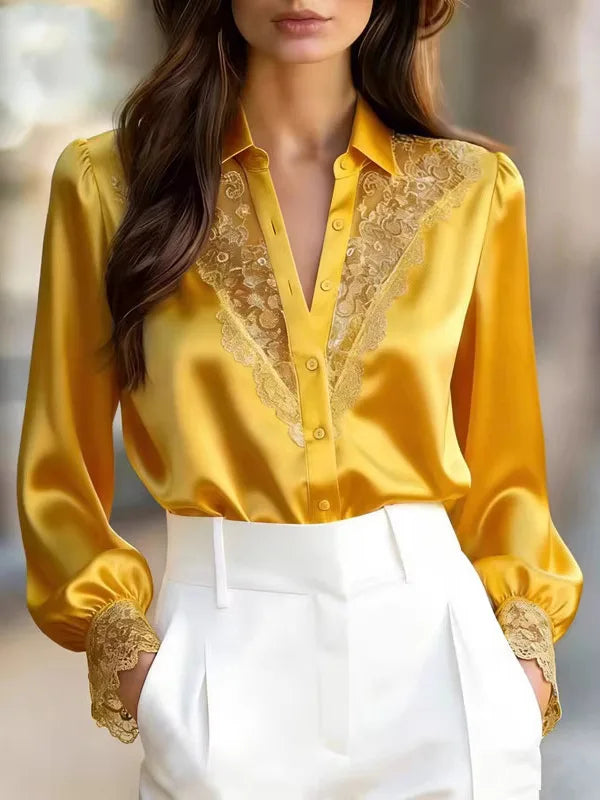 Elegant Style Long Sleeve Lace Patchwork Blouse Women's Commute V-Neck Shirt Polyester Fiber Printed Casual Top