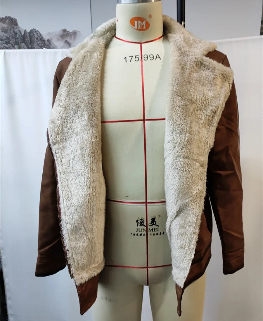 2026 Men's PU Leather Patchwork Zipper Jacket Autumn Winter Fleece Warm Outdoor Coat Casual Cowboy Outerwear Brown Streetwear
