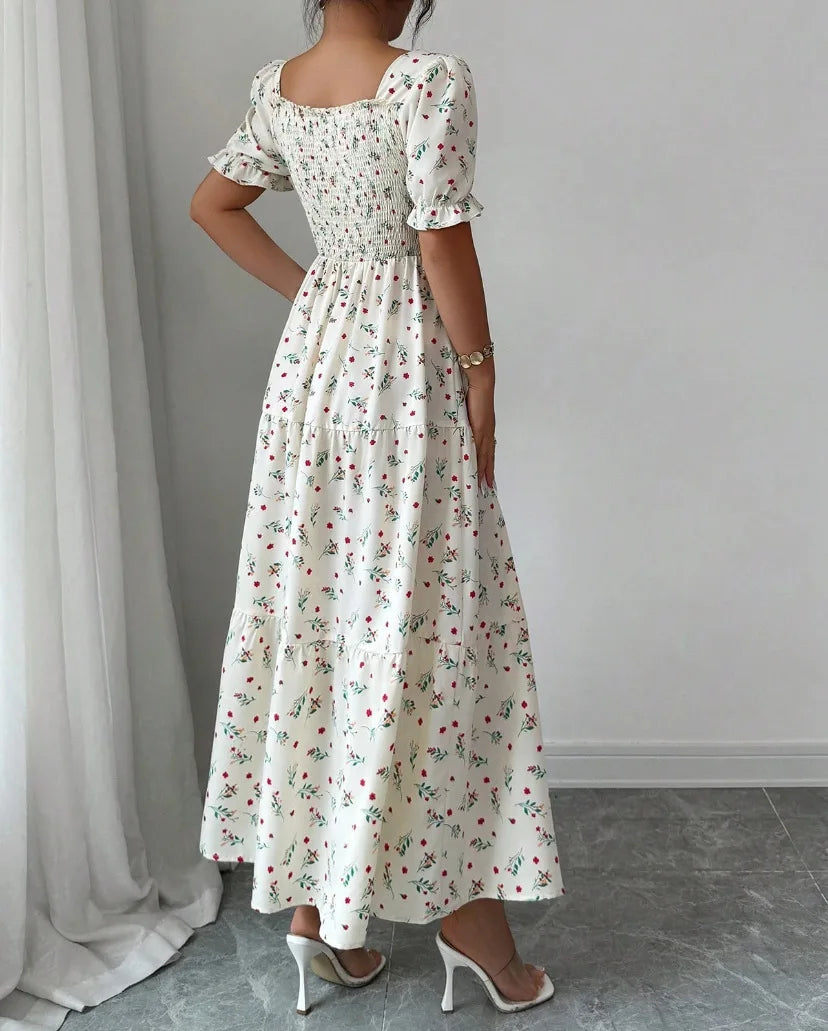 Spring and Autumn Women's Square Neck Short Sleeve Long Skirt Fresh Printed Casual Fashion Slight Backless Temperament Dress