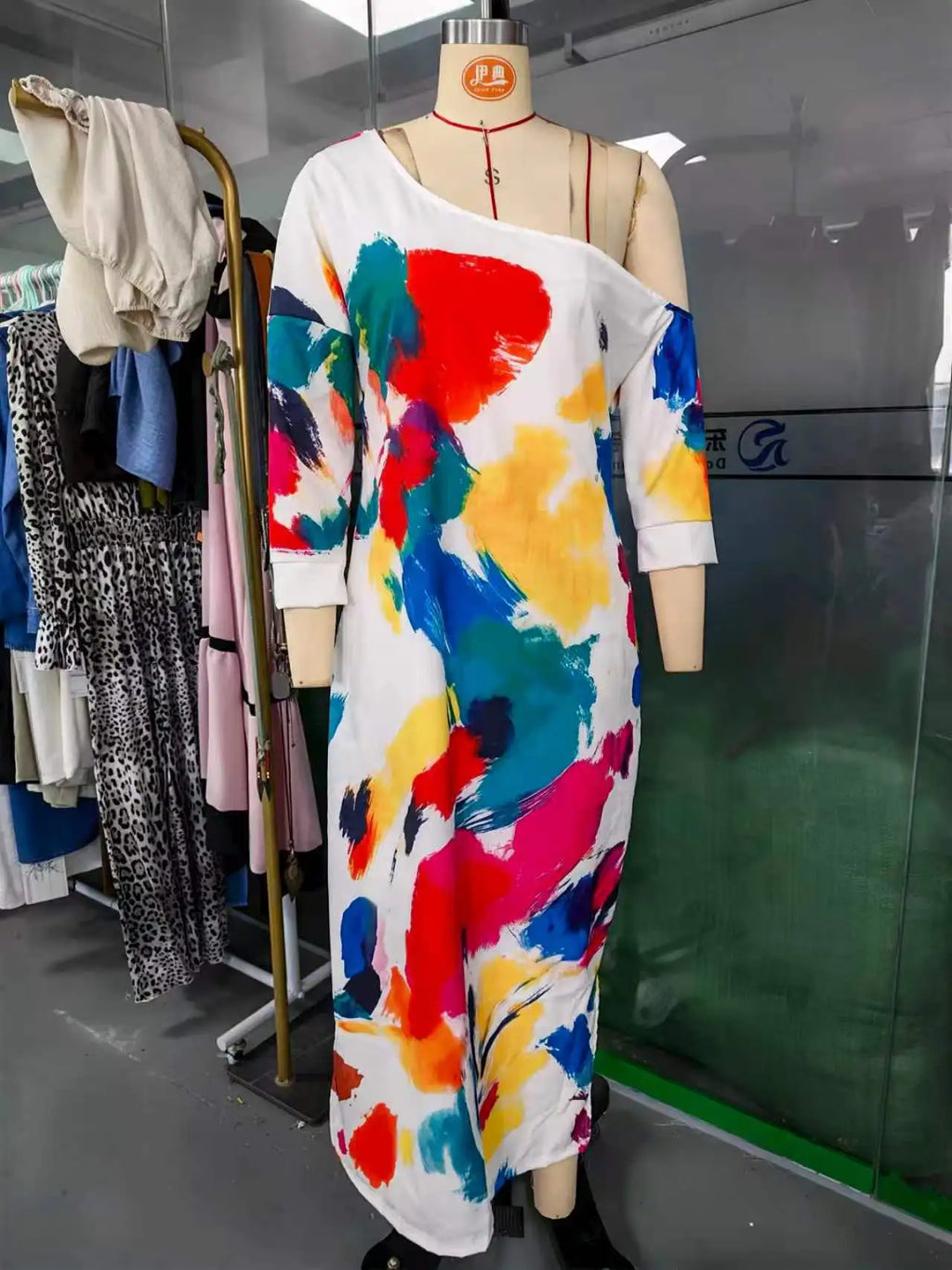 Abstract Brush Print One Shoulder Maxi Dress 3/4 Sleeve Loose Fit Casual Kaftan with Pockets, Bohemian Art Print Dress for Women