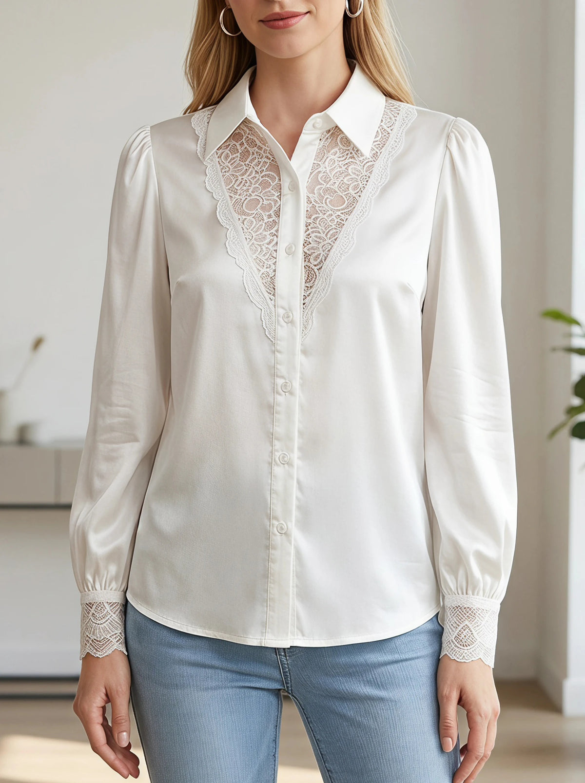 Gadinus Plus Size Women’s Satin Lace Trim Button-Up Blouse Elegant Long Sleeve Puff Cuff Shirt Regular Fit Office Chic Top