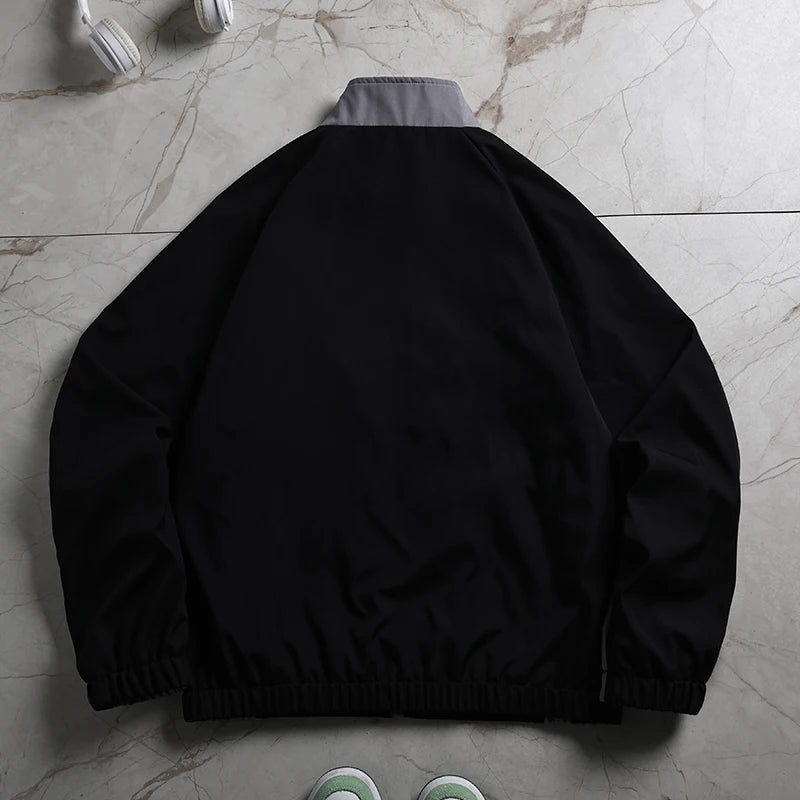 Jacket Man American Street Retro Color Block Stand Collar Jacket Zip Up Loose Trendy Letter Print Fashion Casual Streetwear Coat