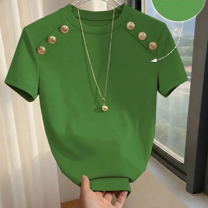 Fashionable Short Sleeve T-Shirt Women's Slim Fit Solid Color Summer 2026 Casual round Neck Polyester Blend Top