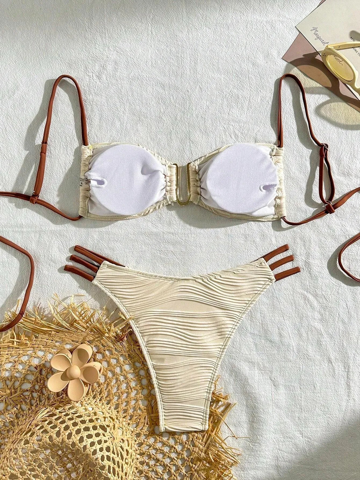 Sexy Women Lingerie Bikini Strapless Top Bikinis Beige Three Strap Bottom Swimsuit High Cut Two Piece Swimsuit