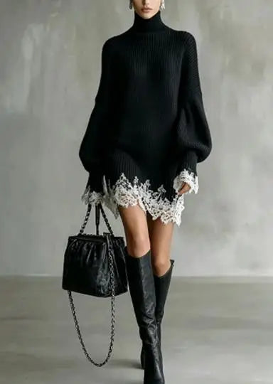 Women's Knitted Lace Splice Mini Dress Elegant Turtleneck Solid Fashionable Spring Autumn Vintage Casual Retro Loose Dress