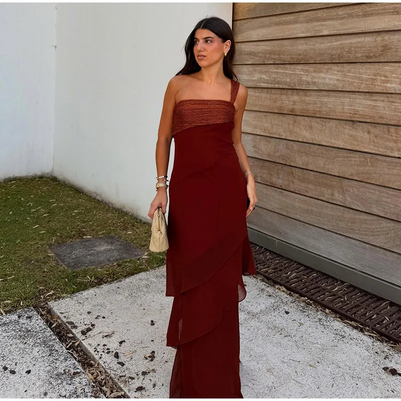 Elegant Patchwork Women's Dress Sleeveless Cascading Ruffle Skew-Collar Lady Long Dresses 2026 Summer Chic Female Vacation Robe