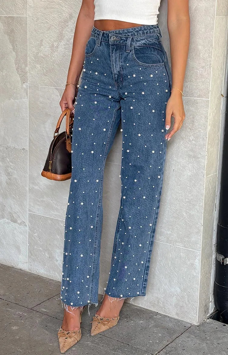 Fashionable Casual Rhinestone Frayed Straight Leg Jeans Women's Long Pants Cotton Natural Waist Comfortable Fit Spring Season