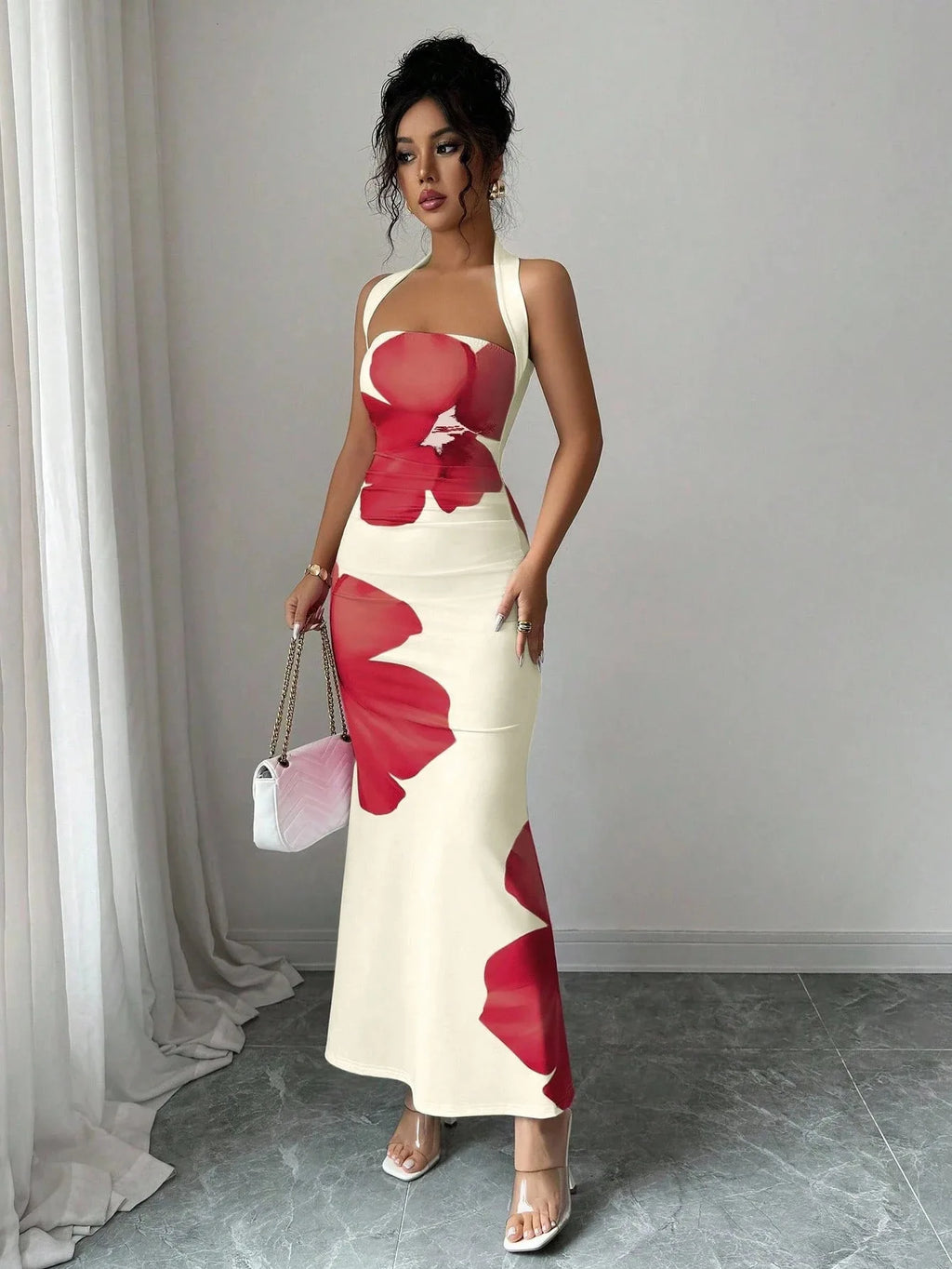 Women's 2026 New Popular Neck Halter Long Dress Hip-wrapped Printed Dress White Dress Birthday Dress for Women Summer Dress
