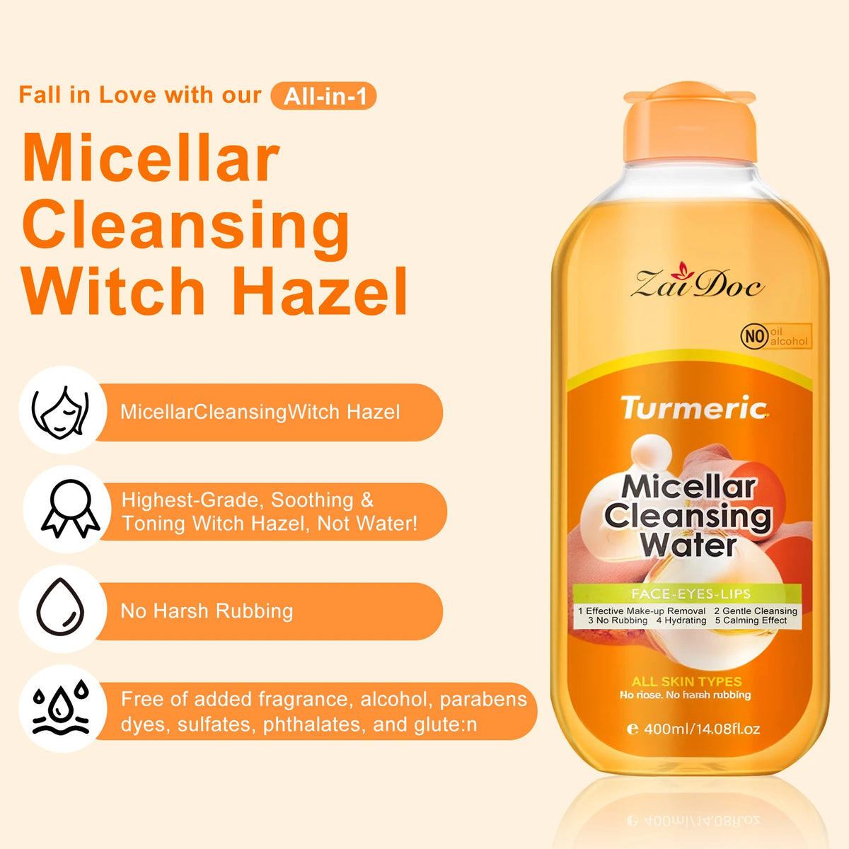 ZaiDoc Turmeric/Cherry Blossom Micellar Cleansing Water Makeup Remover No Rinse No Rubbing All Skin Types Face Eyes Lips 400ml Each