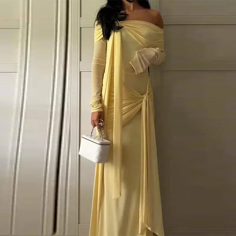 Yellow Pleated Off-shoulder Ribbon Dress Women's Sexy Lace Up Full Sleeve Bodycon Dresses 2025 Autumn New Elegant Party Vestidos