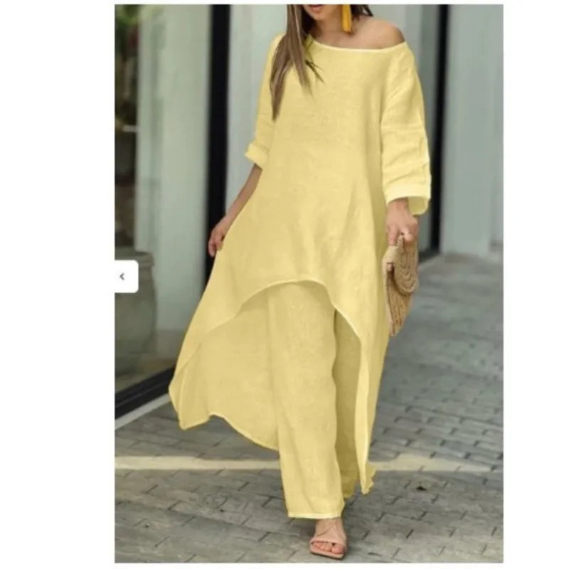 2025 Loose New In Matching Sets Two Piece Outfit 2 Pieces Set For Woman Solid Color Irregular Hem Long Sleeves Wide Legs Trouser