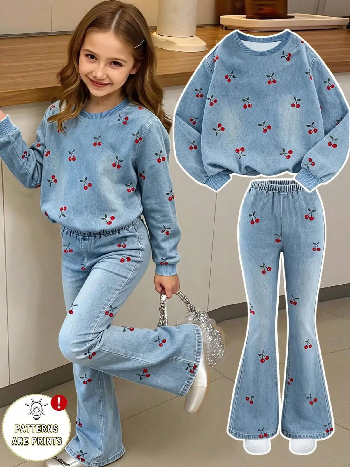 Girls' Summer and Autumn Set with Cherry Print, Round Neck Loose Long-Sleeve T-Shirt, Elastic Waist Long Pants Two-Piece Set, Blue Faux Denim Print Clothing Suitable for Children over 3 Years Old, Versatile Outfit for Home an
