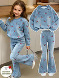 Girls' Summer and Autumn Set with Cherry Print, Round Neck Loose Long-Sleeve T-Shirt, Elastic Waist Long Pants Two-Piece Set, Blue Faux Denim Print Clothing Suitable for Children over 3 Years Old, Versatile Outfit for Home an