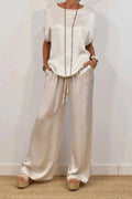 Spring Summer Fashion Solid Smooth Satin Two Piece Sets New Women's O-neck Short Sleeve Top + Wide Leg Pant Casual Loose Set