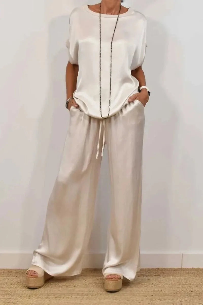Spring Summer Fashion Solid Smooth Satin Two Piece Sets New Women's O-neck Short Sleeve Top + Wide Leg Pant Casual Loose Set