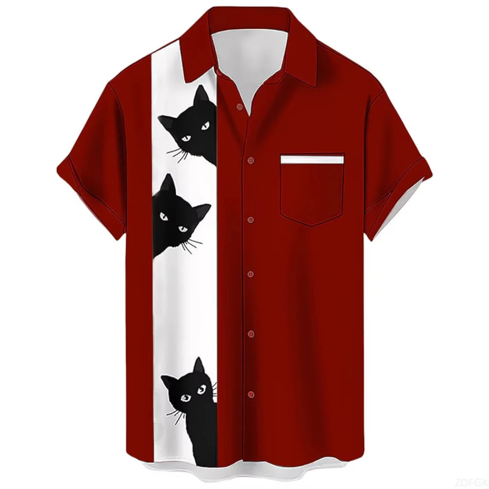 Cat Cartoon Print Shirt] Plus Size 3D Digital Print Cartoon Fun Men's Short Sleeve Button Shirt Fashion Hawaiian Vacation Shirt