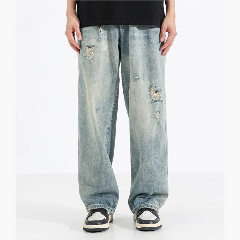 New Fashion Men Ripped Loose Straight Leg Jeans Male American Style Vintage Trend Streetwear Denim Pants Daily Casual Trousers