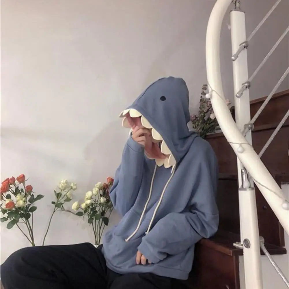 Men Shark Hoodie Winter Pullover Sweater Casual Pocket Long Sleeve Pull Female Solid Hooded Sweaters Trendy Couple's Pullovers