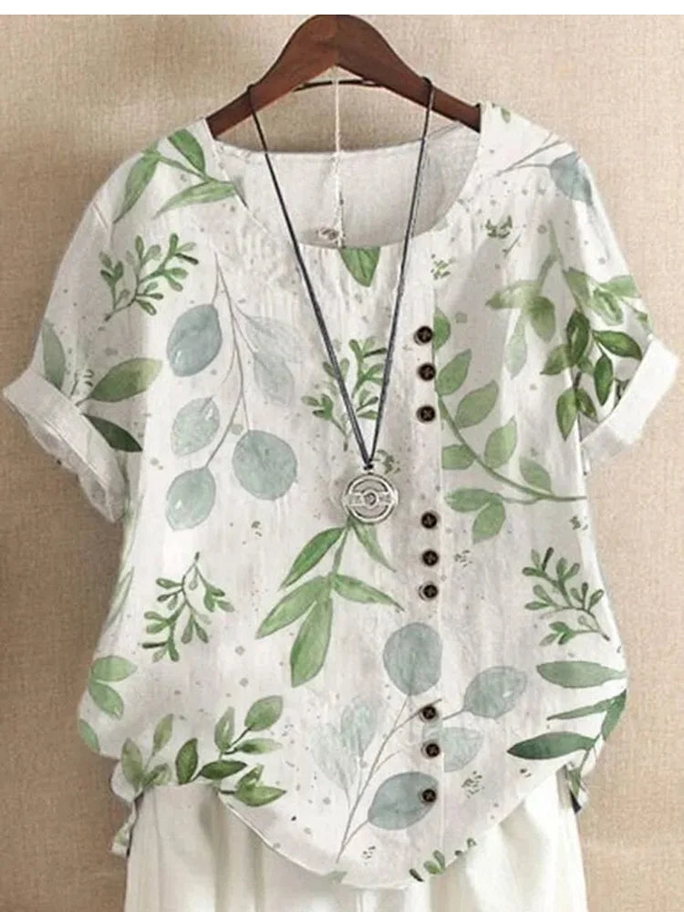2025 Summer retro fashion printed loose casual shirt top, suitable for casual or vacation ladies' beachwear