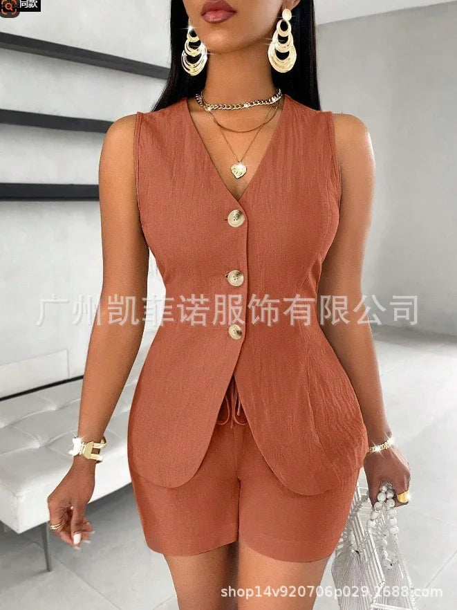 Women Fashion Casual Shorts Set Summer Vest Top Button Solid 2 Pieces Set Lace-up Pant Suits Womens Clothing Office Holiday 2025