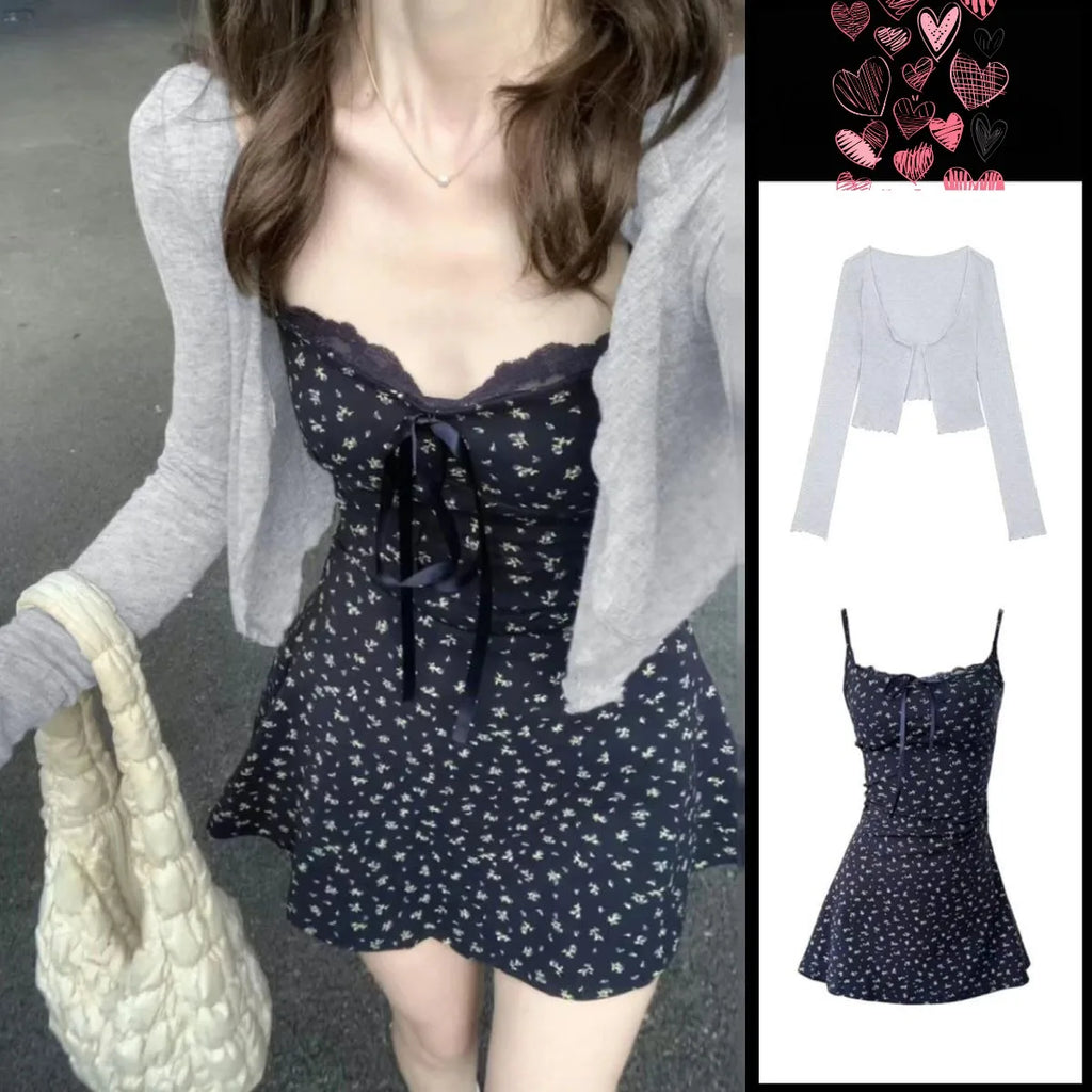 Women's Bodycon Navy Floral Camisole Dress And Plain Knit Cardigan Set Petite Slim Fit Fall Outfit Chic Vacation Cover-Up Spring