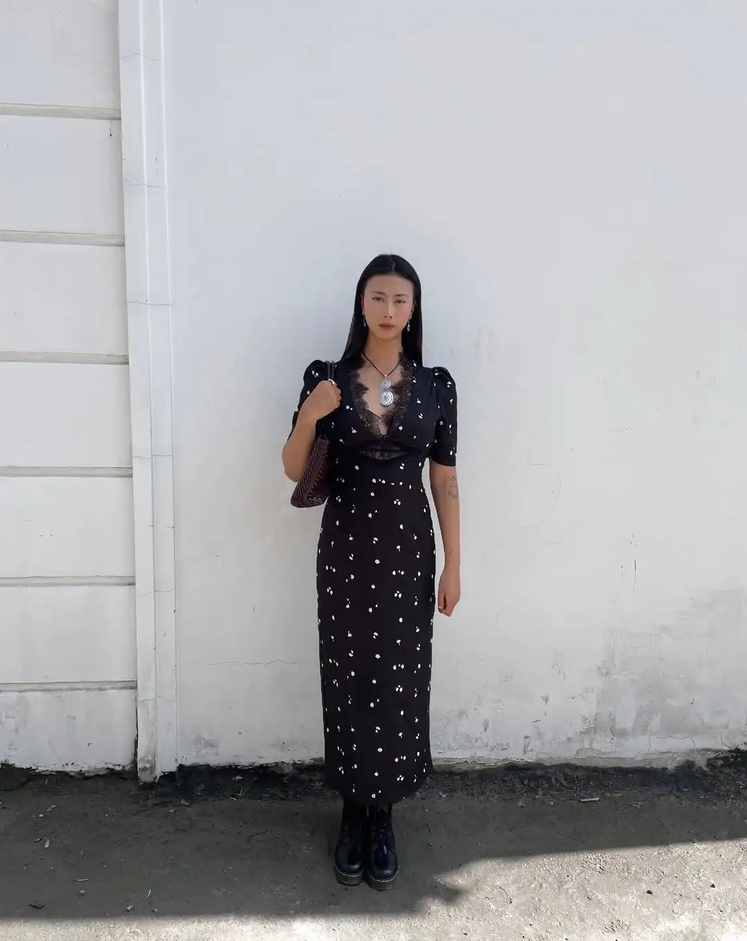 Satin Lace Patchwork Print Dress Women Black V-neck Short Sleeves High Waist Long Dresses Lady Hollow Out Daily Party Vestidos