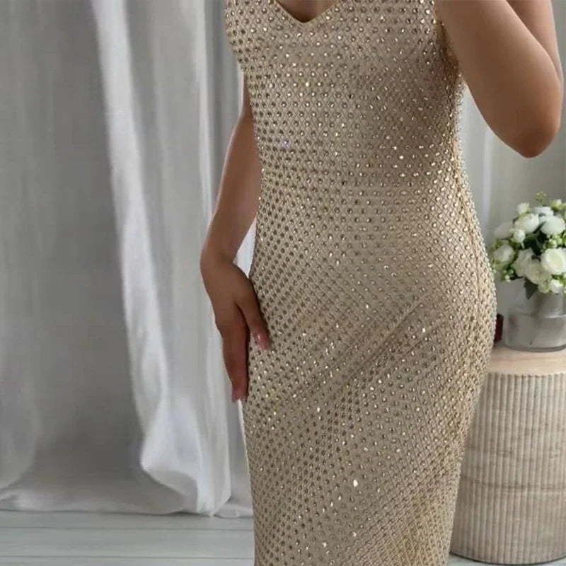 Stylish Rhinestones Dresses Elegant Women Sleeveless Backless Glitter Hip Package Dress 2025 New Crystal Lady Evening Party Robe
