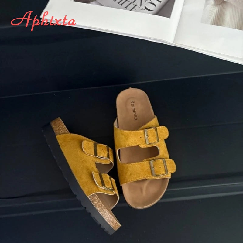 Aphixta Cork Clogs Slippers For Women Classic Suede Summer Sandals Fashion Outdoor Beach Shoes With Adjustable Metal Buckle