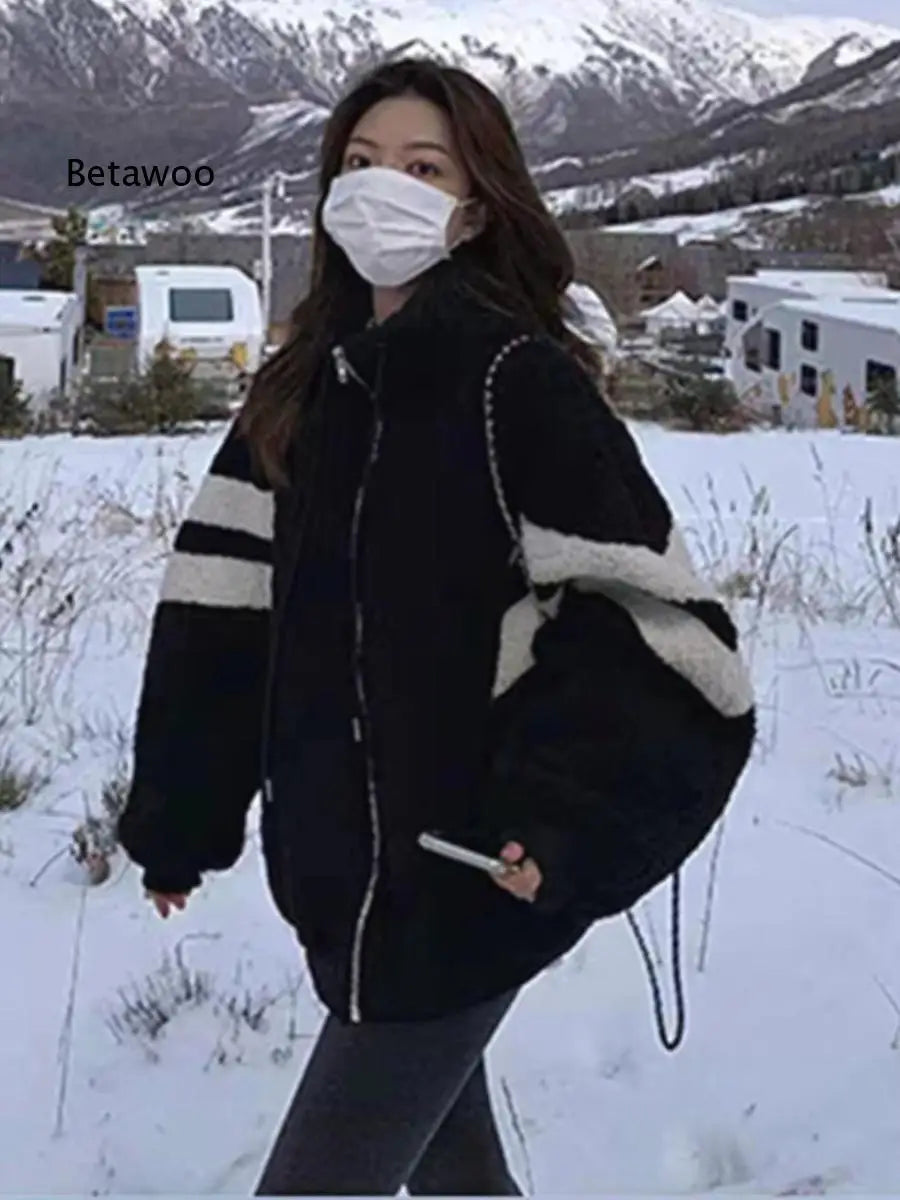 Women Causal Color Block Fleece Jacket Drawstring Zip Up Loose Contrast Striped Warm Winter Coat for Daily