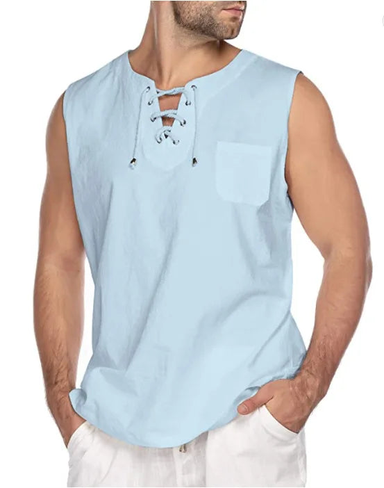 New 2026 Men's Casual Cotton Linen Tank Tops Men Drawstring V Neck Sleeveless Shirts Summer Casual Shirt Gym Fitness Vest Tops