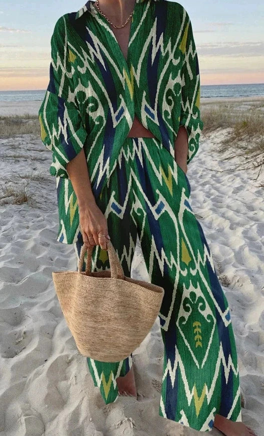Women's Autumn Holiday Sets Outfits Fashion Print Long Sleeve Shirt Top+Wide Leg Pants 2 Pieces Set For Woman Boho Clothes New