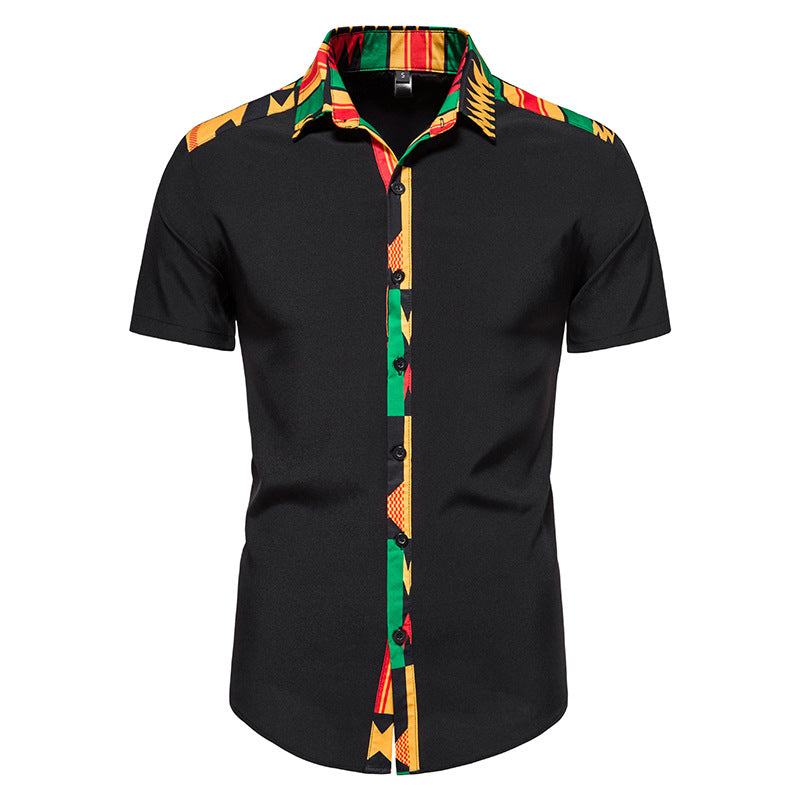 African Ankara Kente Print Shirt Short Sleeves Summer Men's Fashion Patchwork Button Up Traditional Dashiki Casual Tops