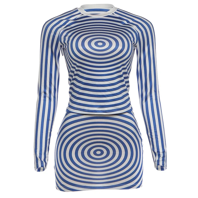 Kliou Thread Patchwork 2 Piece Set Women's O-Neck Full Sleeve Navel Exposed T-Shirts + Skinny Peach Hip Mini Skirt Sexy Fashion