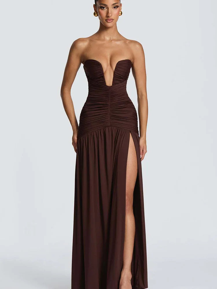 Rinabe Deep V Neck Strapless Maxi Dress Chic Solid Off-shoulder Backless Split Elegant Evening Dress Women Chic Slim Dresses