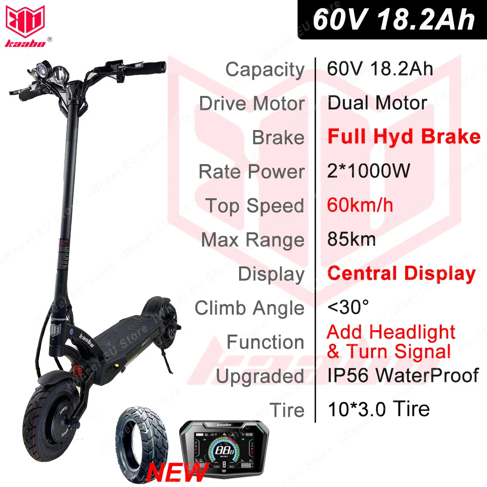 Kaabo Mantis 10 60V 18.2Ah with Center Display Dual Motor 2*1000W Top Speed 60km/h Kaabo Mantis 10 Scooter Full Hydraulic Brake