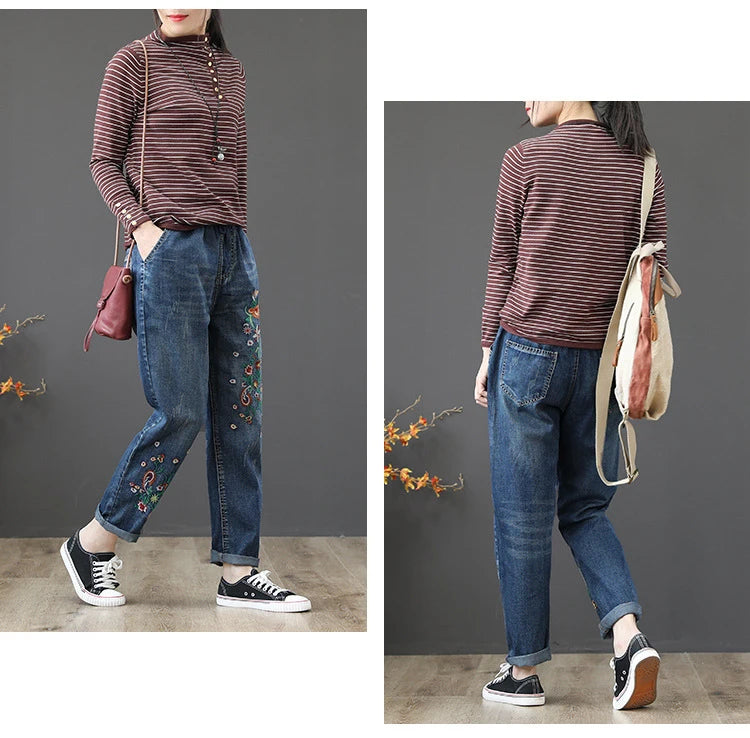 Women's Denim Pants Vintage Flower Embroidery Chinese Hand Work High Quality Casual Loose Jeans China Clothing Factory Wholesale