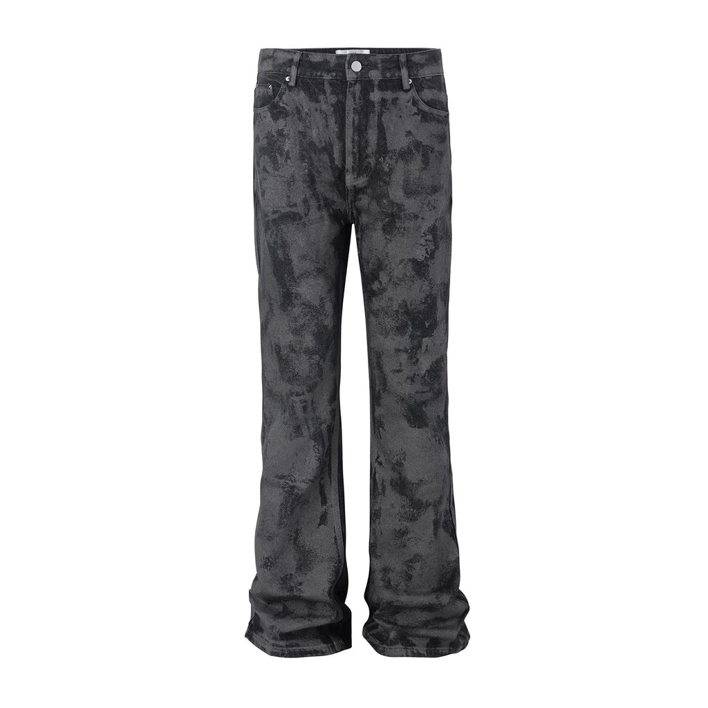 Men's Tie Dye Flared Denim Jeans Washed Handmade Brushed Wax Coating Casual Jean Pants Y2k Streetwear Slim Fit Bootcut Pants