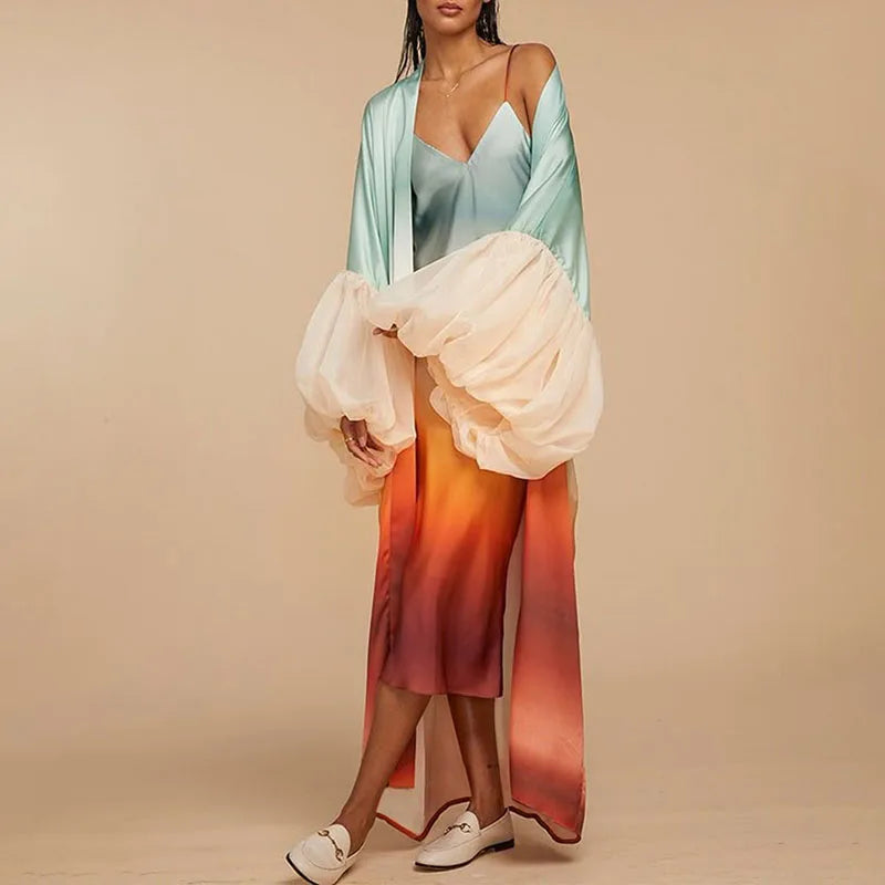 Spring Autumn New Women's Coats Fashion Irregular Lantern Sleeve Loose Cardigans Elegant Pattern Printed Beach Cover-up Outwear