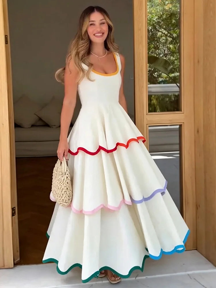 Fashion Women's Dress Round Neck Strapless Sleeveless Cascading Ruffled Hem Dresses Chic 2026 Summer New Daily Wear Ladies Robes