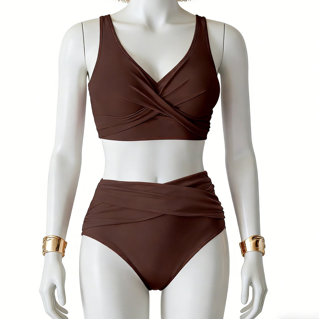 Women Sexy Bikini Summer Twist Front Ruched High Waisted Two Piece Beach Slimming Vacation Swimwear Bathing Suit