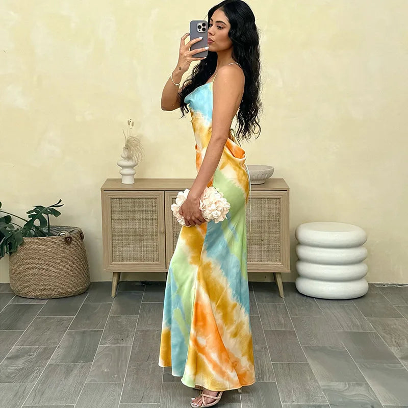 SKMY Summer Women's New Fashionable Streetwear Sexy Low Cut Slim Fit Halter Neck Backless Dress Printed Party Long Dresses