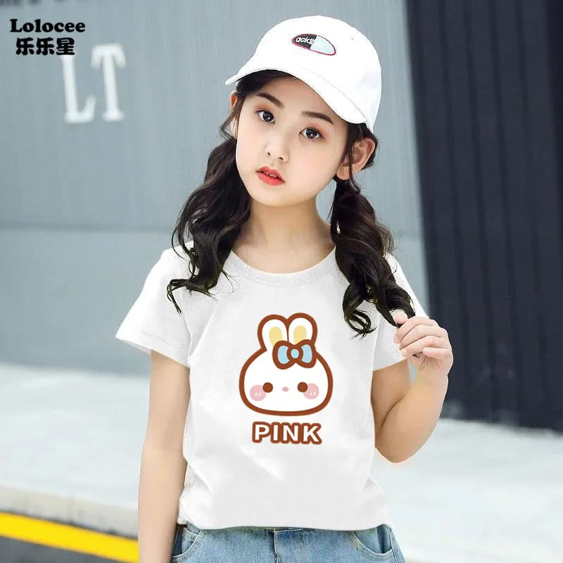 Girl Cute Rabbit Graphic Tshirt Short Sleeve Cotton T-Shirts For Baby Girl Cute Pink Color T-Shirts Children Summer Clothing