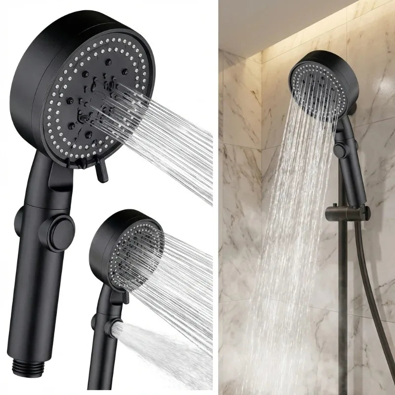 Adjustable High Pressure Shower Head 5 Modes Water Saving One-Key Stop Spray Nozzle with Hose - Bathroom Shower Accessories
