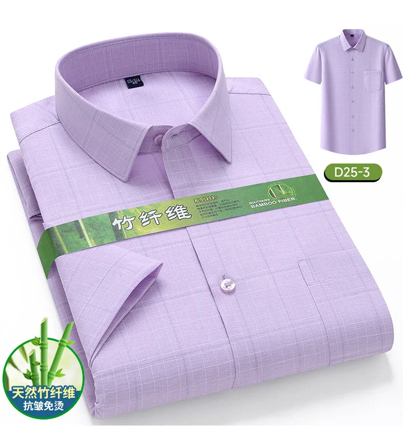 Men's Summer Bamboo Fiber Shirt Short Sleeve Lightweight Casual Breathable Soft Fabric Easy Care Slim Fit Business Casual Wear