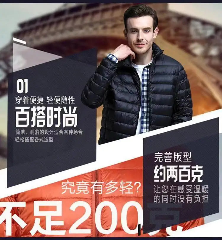 Down Cotton Coat Man 2025 Light Feathered Cotton Jacket Winter Slim Hooded Stand-Up Collar Solid Color Warm Clothing