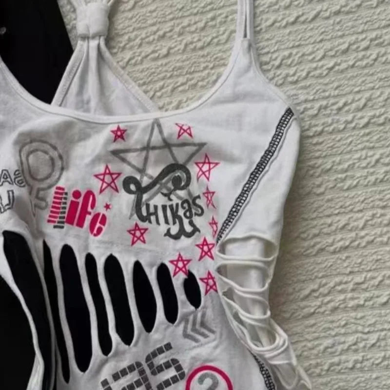 Women's Sexy Hottie Camisole American Retro Hollow Design Halter Vest Harajuku Street Letter Print Tanks Female Slim Short Tops