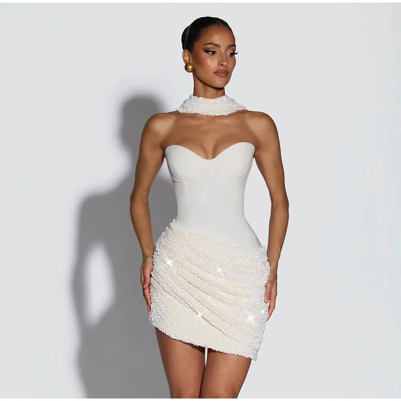 Sexy Sequin Patchwork Scarf Collar Dress Women Fashion Strapless Backless Bodycon Mini Dresses 2026 Lady Party Evening Gown