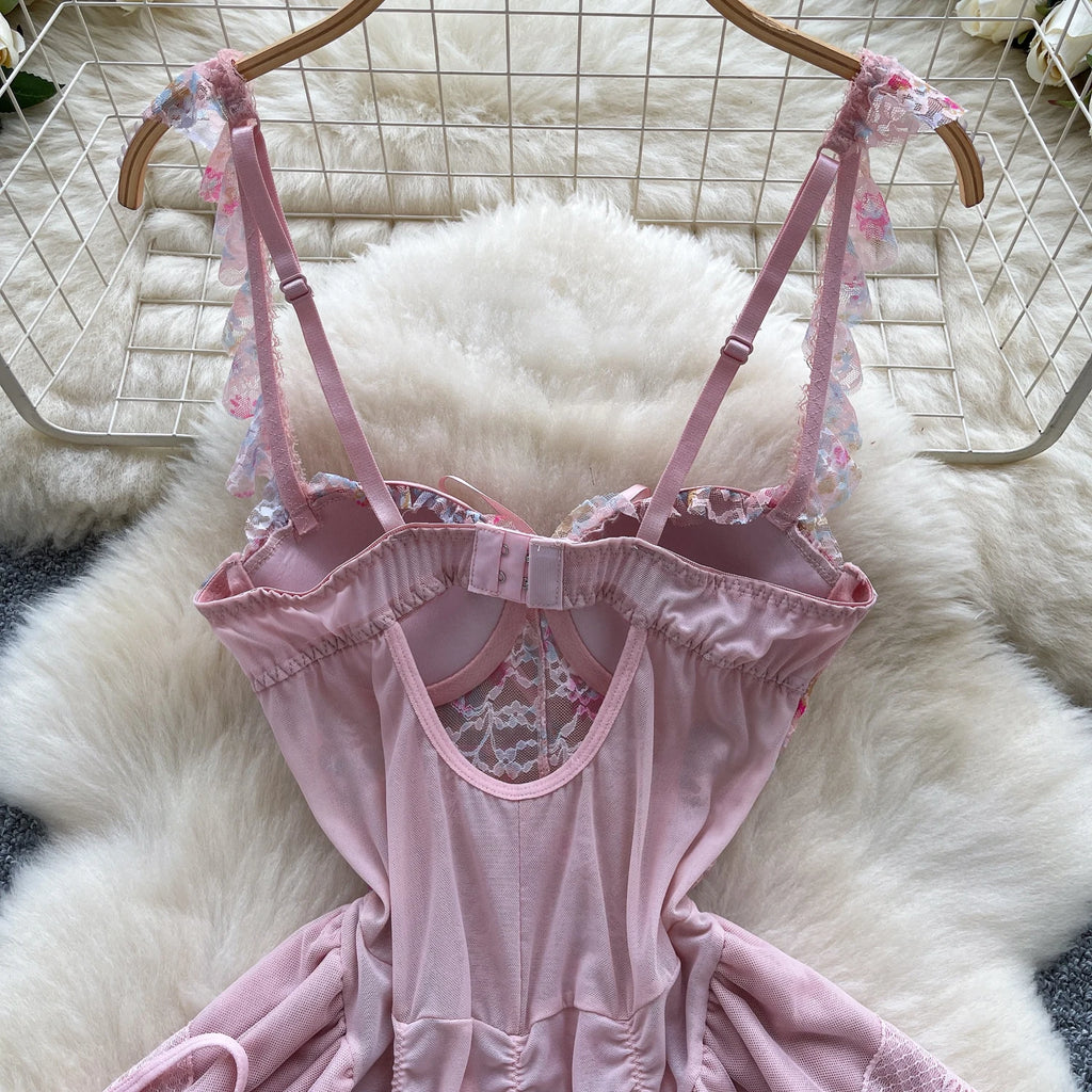 SINGREINY Strap Corset Lingerie Nightdress New Sleeveless Slim Floral Print Mini Nightwear Shapewear Mesh Lace Erotic Mini Dress
