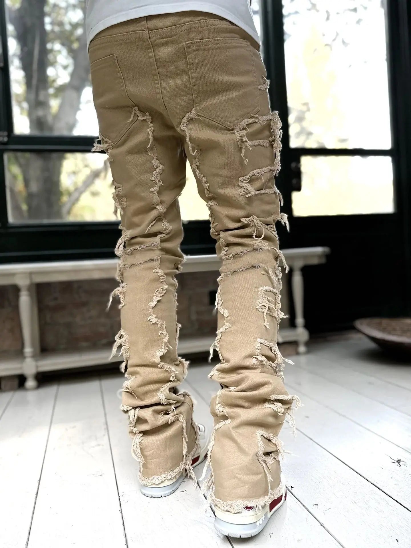 2026 New Men's Denim Straight-Leg Pants, European and American Street Fashion Ins Stretch Patch Denim Straight-Leg Pants