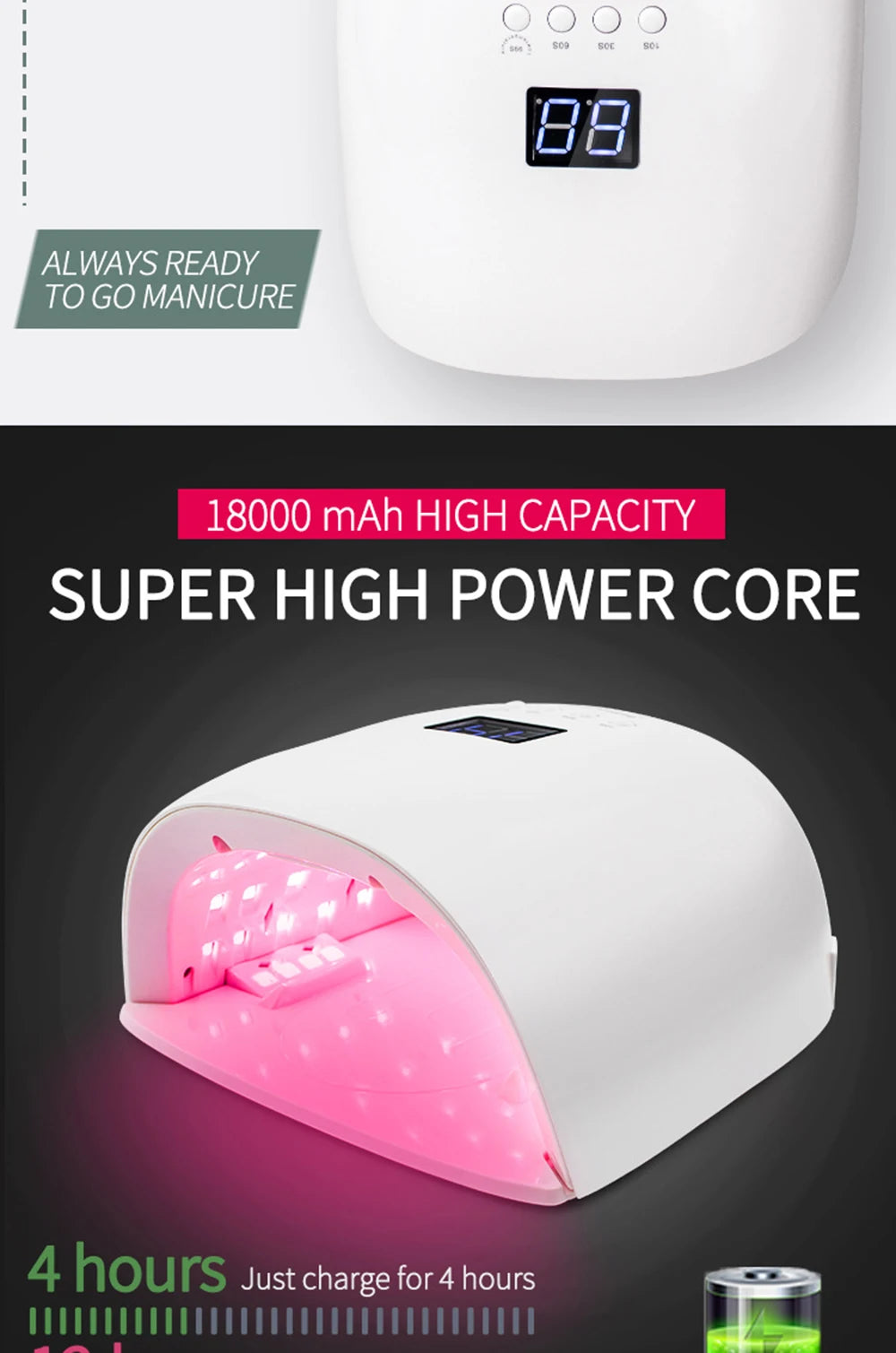 86W Lamp for Manicure Rechargeable Cordless Sun UV LED Lamp Nail Dryer For Curing All Gels 52 LEDs Light with LCD Timer Sensor